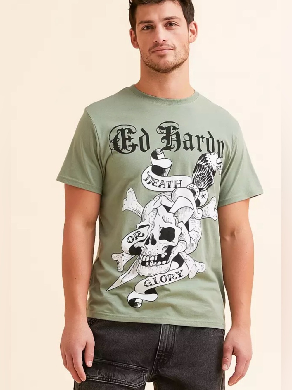 Ed Hardy Light Olive Death Or Glory Skull Short Sleeve Tee Size Medium